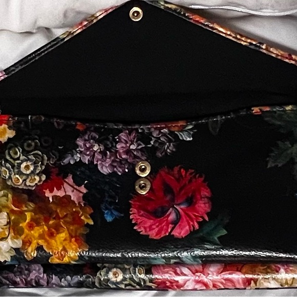 Black Leather clutch with flowers and crossbody shoulder bag. LODIS 9x5x0.5” - Picture 10 of 13